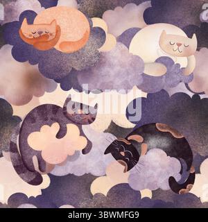Illustrazione digitale con motivo senza cuciture di simpatici gatti che dormono su nuvole con stelle, cuscini su sfondo scuro. Perfetto per i libri per bambini, n Foto Stock