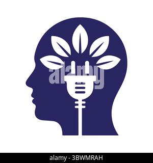 Sagoma di una testa umana intrecciata con foglie e una spina elettrica Illustrazione Vettoriale