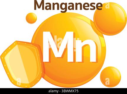 Brillante illustrazione vettoriale del simbolo della vitamina al manganese con scritta Mn in grassetto, bolle arancioni e uno scudo stilizzato, utilizzando elementi di design piatti Illustrazione Vettoriale