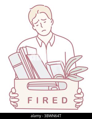 Raffigurazione di un uomo che sembra molto triste mentre trasporta una scatola che è ben etichettata SPARATA in grassetto Illustrazione Vettoriale