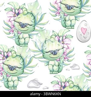 Sfondo con motivo ad acquerello senza cuciture caratterizzato da una creatura verde con farfalla, foglie tropicali e fiori, perfetto per il design di carta da parati Illustrazione Vettoriale
