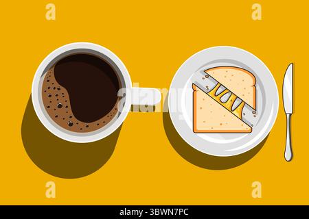 Colazione a base di caffè e formaggio alla griglia, illustrazione vettoriale, design piatto Illustrazione Vettoriale