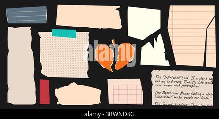 Set di carta strappata vintage con texture note: Bordi strappati, pagine di quaderni rivestite, motivi a griglia e fogli punteggiati. Cuore spezzato e rottami, cancelleria retrò per scrapbooking, journaling, collage Illustrazione Vettoriale