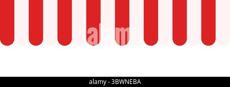 Testata per tende da sole senza cuciture in stile francese. Tenda da officina a righe rosse e bianche. Tenda a baldacchino del mercato. Tetto apribile. Tenda da caffè. Scopri la tettoia a righe Illustrazione Vettoriale