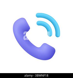 Telefono viola con onde di squillo del segnale blu. Telefonata, servizio clienti, supporto, concetto di comunicazione. icona vettoriale 3d. Cartoon minimal sty Illustrazione Vettoriale
