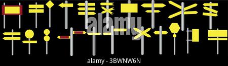 Collezione diversificata di cartelli direzionali gialli e rossi che puntano in modo diverso sull'elemento di design dei pali d'argento Illustrazione Vettoriale