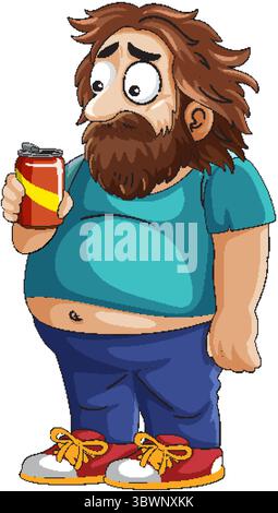Illustrazione vettoriale di un uomo barbuto che regge una lattina di bibite, con colori vivaci e uno stile umoristico Illustrazione Vettoriale