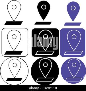 Il set di icone del puntatore di posizione visualizza i simboli dei marcatori della mappa in varie forme e colori, perfetto per i progetti che richiedono indicatori di navigazione o di posizionamento Illustrazione Vettoriale