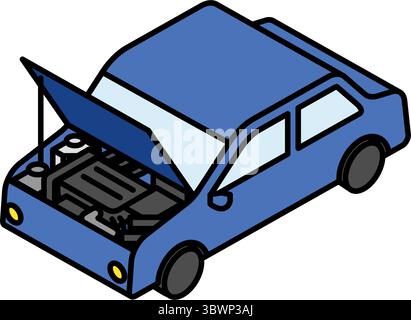 Icona della linea isometrica della berlina con cofano aperto che mostra la manutenzione del motore, illustrazione vettoriale Illustrazione Vettoriale