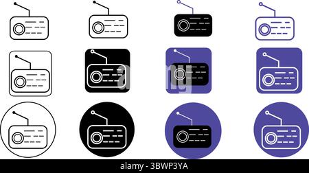 Varie icone di ricevitore radio retrò sono raffigurate in nero, bianco e viola con forme diverse per offrire versatilità di design e sfondo trasparente Illustrazione Vettoriale