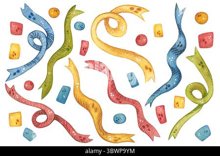 Set di coriandoli e nastri colorati Foto Stock