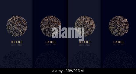 Set vettoriale di loghi a linea circolare floreale, design di piante termali dorate, etichette rotonde a base di erbe del tè. Icone di fiori a vortice di bellezza, emblemi della natura. Illustrazione Vettoriale