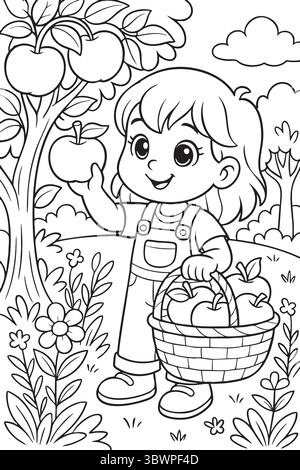 Ragazza che raccoglie le mele nella pagina di colorazione del frutteto. Illustrazione Vettoriale