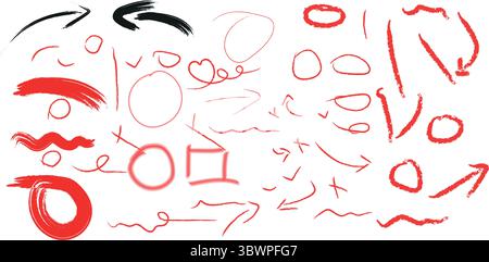Frecce di schizzo, cerchi e sottolineature disegnate a mano, perfette per aggiungere enfasi o evidenziare il testo Illustrazione Vettoriale