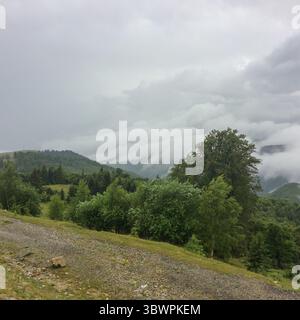 Nuvole che si snodano sulle colline boscose nella contea di Gorj, in Romania, in un giorno nebbioso e coperto. Foto Stock