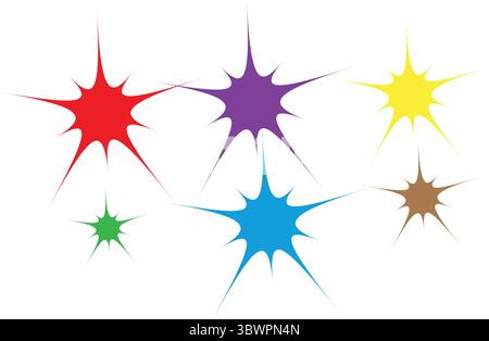 Esplosioni di stelle colorate e dinamiche che esplodono di energia, perfette per feste e design creativo Illustrazione Vettoriale