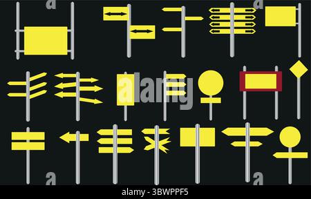 Vari design di segnaletica in giallo su sfondo trasparente offrono diverse indicazioni e concetti informativi per l'uso grafico. Illustrazione Vettoriale
