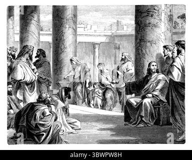 Illustrazione dell'Mito della vedova Gesù Cristo con i suoi discepoli di fronte al Tesoro, testimone della vedova che ha offerto due monete Luca XXI.3 di Antiq Foto Stock