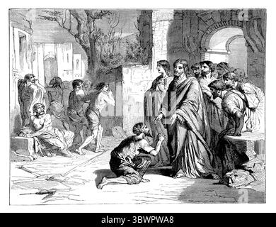 Illustrazione del lebbroso che è tornato a Gesù Cristo per ringraziarlo dopo essere stato guarito quando Gesù ha detto a dieci lebbrosi di mostrarsi al sacerdote Foto Stock