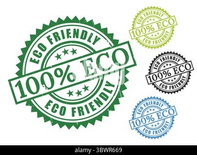 Un set di sigilli ecologici al 100%, icone di timbri ecologici in gomma grunge Illustrazione Vettoriale