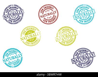 Una collezione di timbri in gomma ecologici naturalmente, set Vector di tenuta prodotto sostenibile Illustrazione Vettoriale