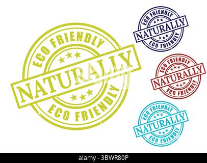 Una collezione di timbri in gomma Grunge naturalmente ecologica, set di vettori di tenuta prodotto sostenibile Illustrazione Vettoriale