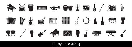 Set di sagome nere di vari strumenti musicali isolati su sfondo bianco, illustrazione grafica. concetto di icone musicali, strumenti, desig Illustrazione Vettoriale