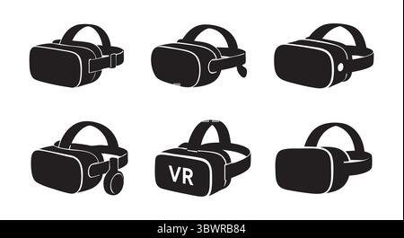 Set di silhouette nere di cuffie per realtà virtuale in vari design, isolate su sfondo bianco, illustrazione grafica. concetto di tecnologia vr, Illustrazione Vettoriale