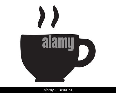 Silhouette nera della tazza di caffè con vapore isolata su sfondo bianco, illustrazione grafica. concetto di icona, logo, bevanda calda, rituale mattutino, caffetteria, Illustrazione Vettoriale