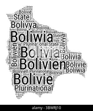 Nuvola di parole in bianco e nero a forma di Bolivia. Semplice illustrazione del paese in stile tipografico. Nuvola di testo nero Bolivia su sfondo bianco. Illustrazione Vettoriale