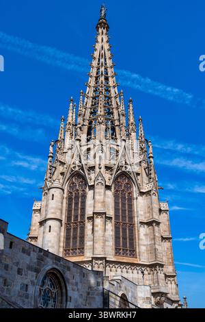 Guglia intagliata sul tetto della Cattedrale di Barcellona nel quartiere gotico della città vecchia di Barcellona, nella regione spagnola della Catalogna Foto Stock
