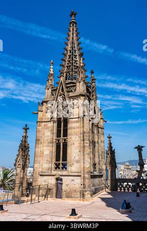 Guglia intagliata sul tetto della Cattedrale di Barcellona nel quartiere gotico della città vecchia di Barcellona, nella regione spagnola della Catalogna Foto Stock