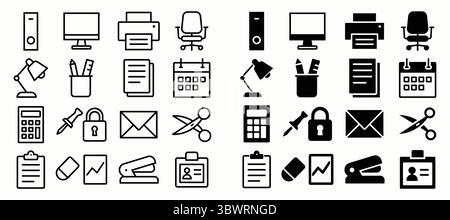 Una collezione di icone in bianco e nero che rappresentano varie forniture e attrezzature per ufficio, tra cui computer, stampanti, cancelleria e organizationa Illustrazione Vettoriale