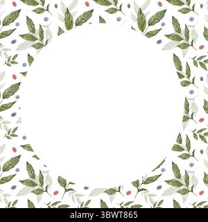 modello acquerello foglie di caffè, rami di mirtilli e lamponi. Design botanico dipinto a mano su sfondo bianco. Perfetto per stampe, tessuti, arredi in cucina e inviti. Foto Stock