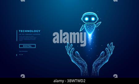 Concetto di Agente AI. Mascotte Technology ai in Abstract Human Palms. Illustrazione Vettoriale