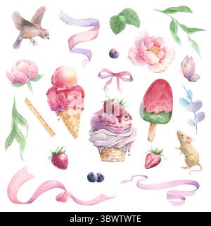Set estivo composto da gelati e fiori con vari decor sotto forma di nastri di raso in acquerello Foto Stock