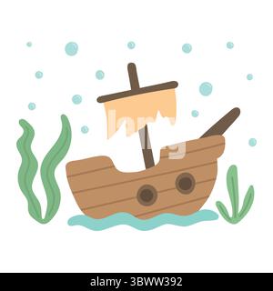La nave pirata in legno affondata con alghe, bolle e vele strappate si trova sul fondo dell'oceano, perfetta per le scene di esplorazione in alto mare e la caccia al tesoro Illustrazione Vettoriale