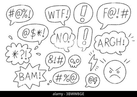 Bolle di eloquio arrabbiate con simboli giurati disegnati in carboncino e pastello. Schizzo a mano in stile comico su sfondo bianco pulito. Illustrazione Vettoriale