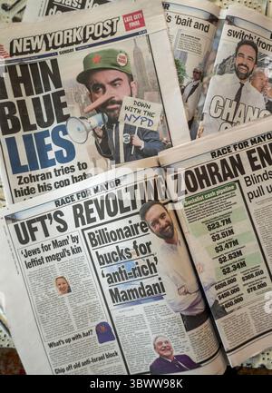 STILL Life del luglio 2025 copertura del giornale del New York Post su Zohran Mamdani Socialist Beliefs, New York City, USA Foto Stock
