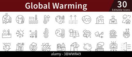 Icone della linea modificabile del riscaldamento globale impostate per cambiamento climatico, ambiente e protezione della terra Illustrazione Vettoriale