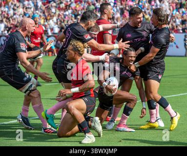 25 luglio 2021, Los Angeles, California, Stati Uniti: LA Giltinis celebra la meta vincente di Luke CartyÃs (con palla) durante la finale della Major League Rugby Western Conference di domenica 25 luglio 2021 al Los Angeles Memorial Coliseum. (Immagine di credito: © Michael Goulding/ZUMA Press Wire) Foto Stock