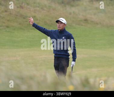 Portrush, Irlanda del Nord. 17 luglio 2025. L'American Collin Morikawa grida al primo round del 153° Open Championship al Royal Portrush Golf Club di Portrush, Irlanda del Nord, giovedì 17 luglio 2025. Foto di Hugo Philpott/UPI credito: UPI/Alamy Live News Foto Stock