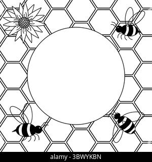 Sfondo astratto Honey, cornice a nido d'ape modello circolare. Illustrazione della linea grafica vettoriale. design per grafica moda, stampe tessili, fabri Illustrazione Vettoriale