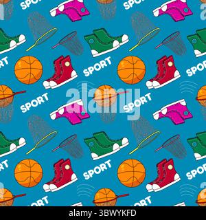 Sfoggia un motivo senza cuciture con pallacanestro, sneaker e disegni vettoriali a cerchio su sfondo blu. Per il tema del ritorno a scuola, le forniture scolastiche o lo stato Illustrazione Vettoriale