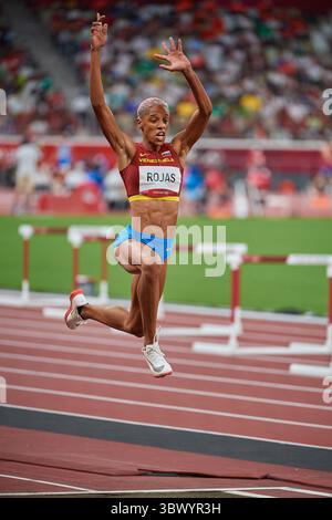 1 agosto 2021, Tokyo, Kanto, Giappone: YULIMAR ROJAS dal Venezuela durante la finale di salto triplo femminile alle Olimpiadi di Tokyo 2020 allo Stadio Olimpico di Tokyo, Giappone. Rojas ha vinto l'oro. (Immagine di credito: © Joe McNally tramite ZUMA Press Wire) Foto Stock