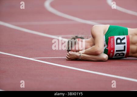 MINSK, BIELORUSSIA â€“ 3 AGOSTO 2021: Nella foto di questo file, il 23 giugno 2019, la velocista bielorussa Kristina Timanovskaya durante una gara di atletica leggera ai Giochi europei 2019, allo stadio Dinamo (immagine di credito: © Oksana Manchuk/TASS via ZUMA Press) Foto Stock