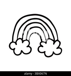 Disegno del contorno di un arcobaleno. Semplice illustrazione in bianco e nero con uno stile per bambini. Illustrazione vettoriale isolata su sfondo bianco. Illustrazione Vettoriale
