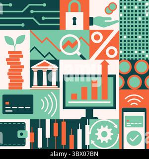 Finanza, business e tecnologia sfondo geometrico con icone, pattern senza interruzioni Illustrazione Vettoriale