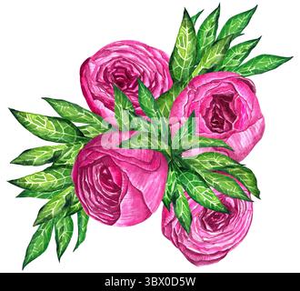 Illustrazione del bouquet di peonie acquerelli. Illustrazione disegnare a mano i fiori. Peonie rosa fiori acquerello illustrazione pittura arte botanica saluto Foto Stock