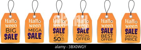 Set di tag di vendita realistici vettoriali isolati per Halloween. Cartellini arancioni con offerte speciali. Grande vendita, mega vendita, prezzo speciale Illustrazione Vettoriale